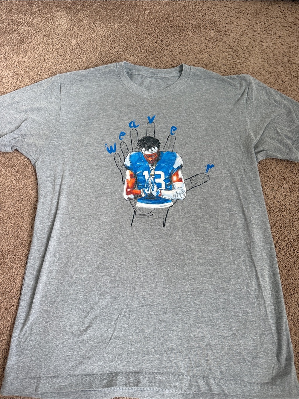 Gray Graphic Tee with Blue Football Player Illustration